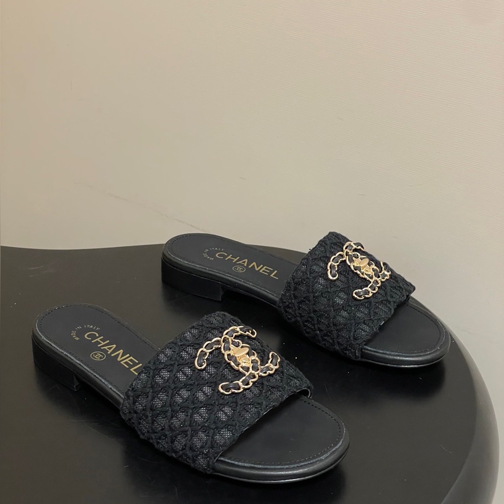 Chanel Quilted Knit Chain-Link CC Logo Slide Sandals